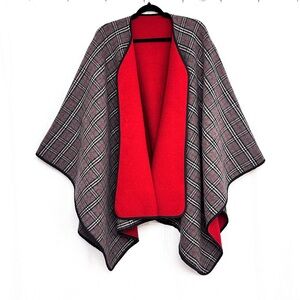Plaid Open Front Double sided Poncho- Red and Gray